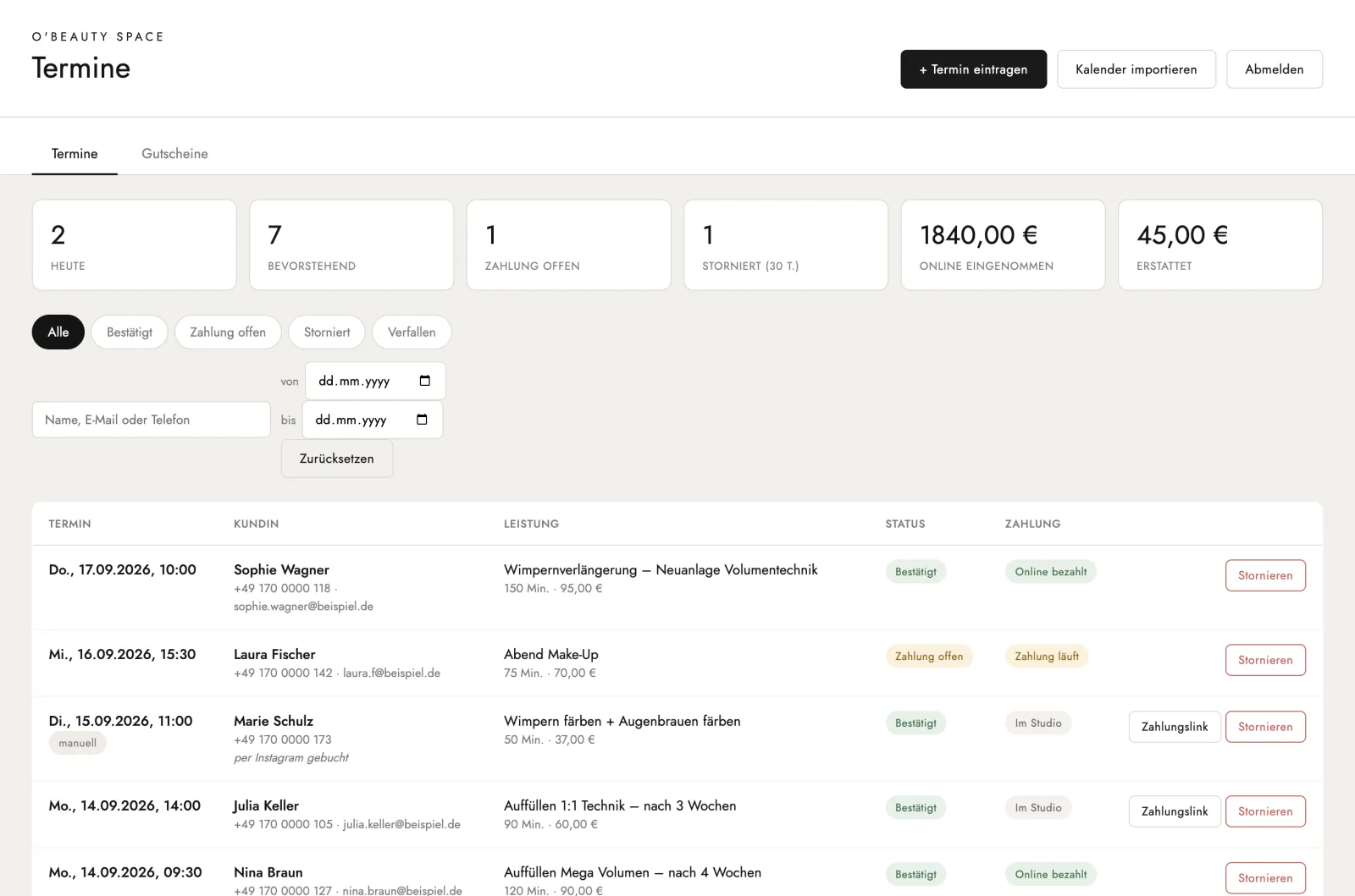 Admin area: key figures (today, upcoming, payment pending, paid online) and a list of appointments with status, payment and cancel buttons