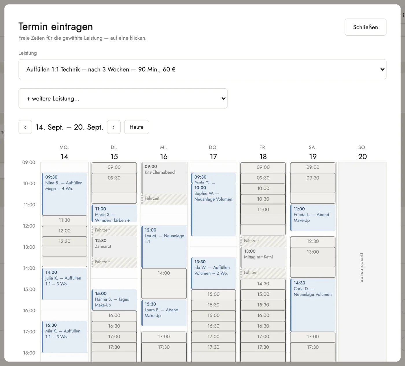 Week calendar for adding a booking: booked appointments, private entries with travel time, and free times for the chosen service