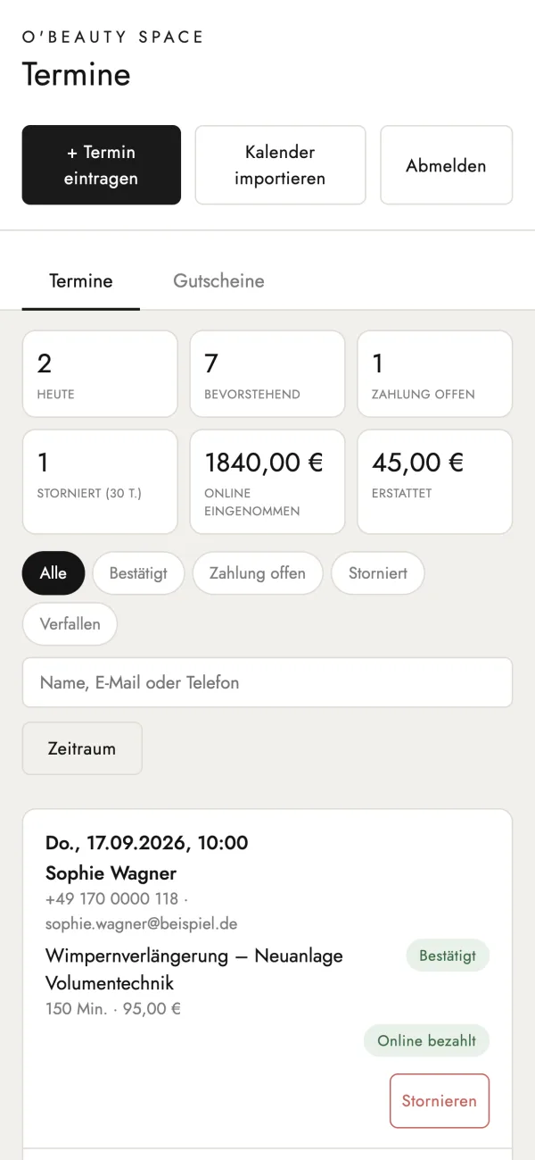 Admin area on a phone: key figures, filters and an appointment card