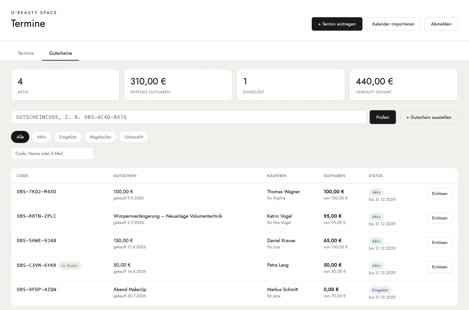 Gift voucher management: key figures for active vouchers and open balance, and a list with code, buyer, remaining balance and a “Redeem” button