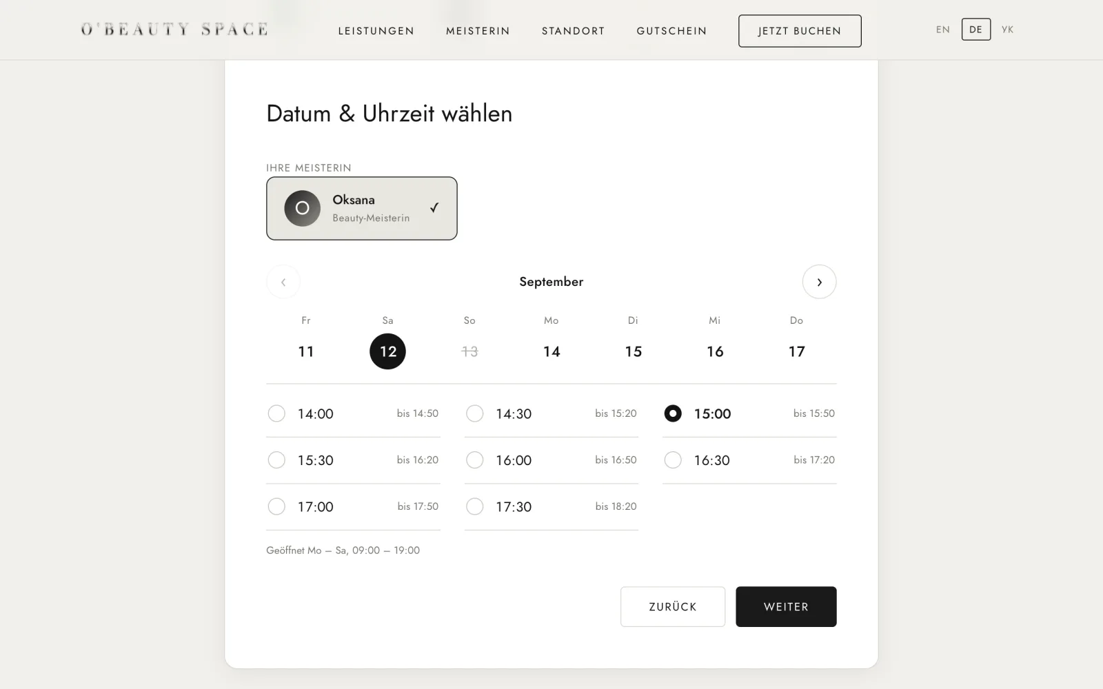 Booking step on obeauty-space.de: a week of days and free appointment times