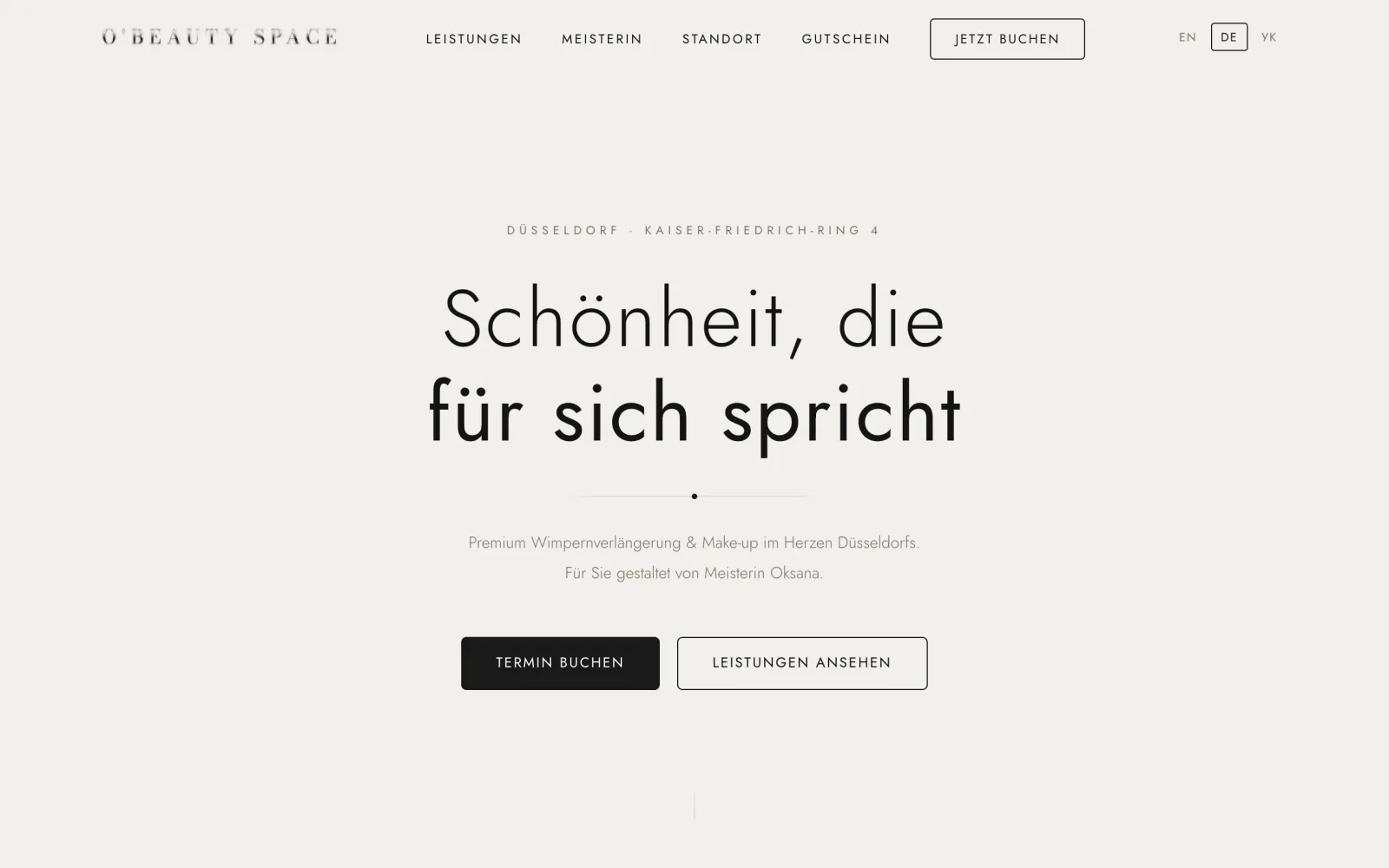 O'Beauty Space home page: a lash and make-up studio in Düsseldorf with “Book an appointment” and “View services” buttons