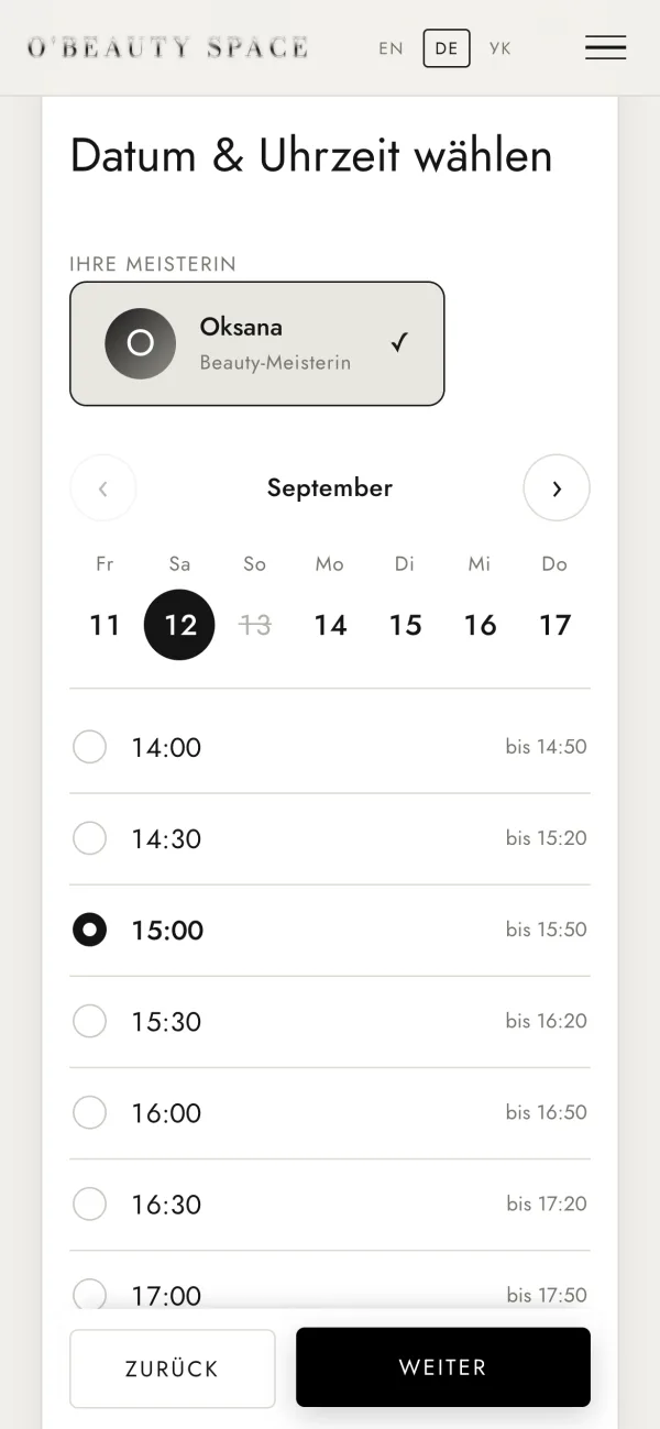 Choosing a time on a phone: a strip of weekdays with the free times and their end times below