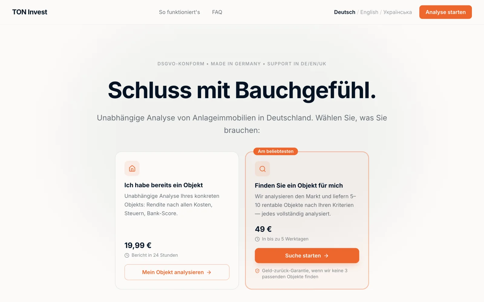 TON Invest home page: independent analysis of investment properties in Germany, with a single-property report for €19.99 and a property search for €49